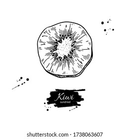 Dried kiwi chips vector drawing. Hand drawn dehydrated fruit ring illustration. Healthy vegan raw food snack. Sketch of granola, cereals and oat milk ingredient.