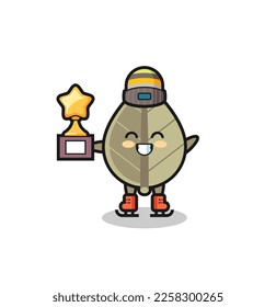dried leaf cartoon as an ice skating player hold winner trophy , cute style design for t shirt, sticker, logo element