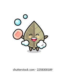 dried leaf character is bathing while holding soap , cute style design for t shirt, sticker, logo element