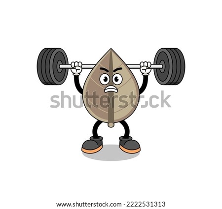 dried leaf mascot cartoon lifting a barbell , character design