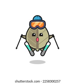 dried leaf mascot character as a ski player , cute style design for t shirt, sticker, logo element