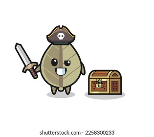 the dried leaf pirate character holding sword beside a treasure box , cute style design for t shirt, sticker, logo element