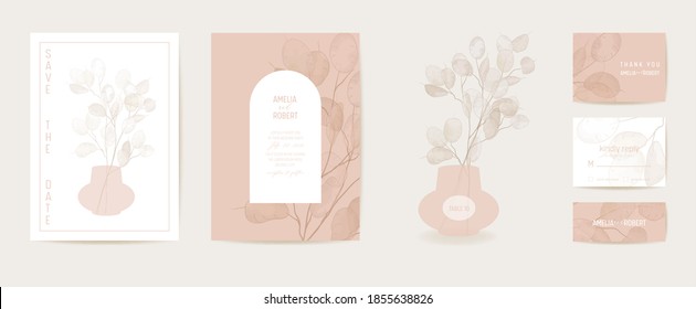 Dried lunaria flower invitation vector card. Wedding vintage botanical Save the Date set. Design template of flowers in vase illustration. Exotic trendy cover, pastel graphic poster, brochure