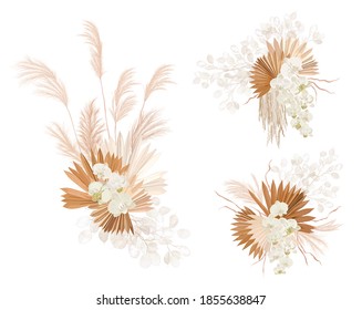Dried lunaria flowers, orchid, pampas grass, tropical palm leaves vector bouquets. Pastel watercolor floral template isolated collection for wedding wreath, bouquet frames, decoration design elements