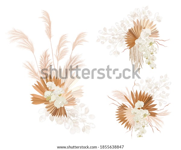 Dried lunaria flowers, orchid, pampas grass,\
tropical palm leaves vector bouquets. Pastel watercolor floral\
template isolated collection for wedding wreath, bouquet frames,\
decoration design\
elements