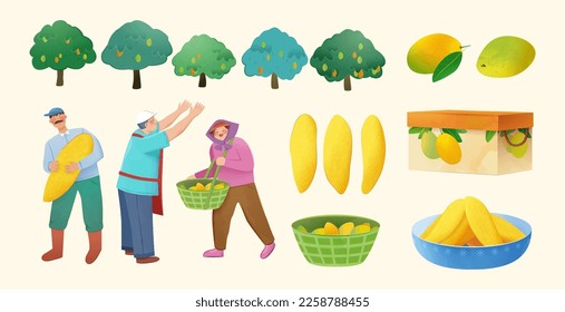 Dried mango fruit slice and characters themed illustration, Including fruit farmers, mango, dried mango, fruit product packaging, and mango tree 