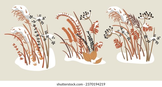 Trockengras unter Schneebedeckung in realistischem Stil.Blumenkompositionen Set.Wintersaisonaler Druck auf Stoff und Papier.Natürliche Elemente für Karten, Plakate, Banner, Muster.Vektorebene Illustration