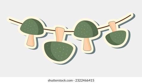 Dried mushrooms on string sticker. Vector mushroom sticker.