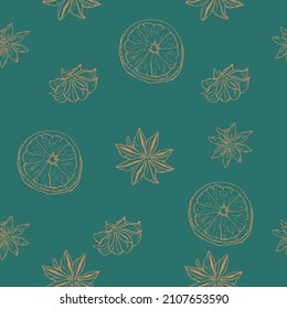 Dried orange, badian and cloves pattern, hand drawn style on green background.