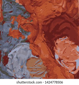 Dried orange and blue paint on wood.