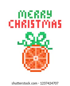 Dried orange Christmas tree ornament decorated with green ribbon bow, 8 bit pixel art greeting card isolated on white background. Sweet gift. Winter holiday treat. Handmade sliced citrus fruit garland