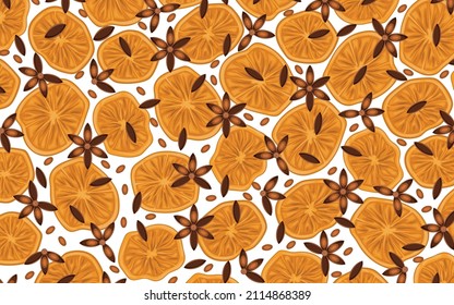 Dried orange slices with anise stars. Sample. Texture. Multicolored image. Vector illustration.