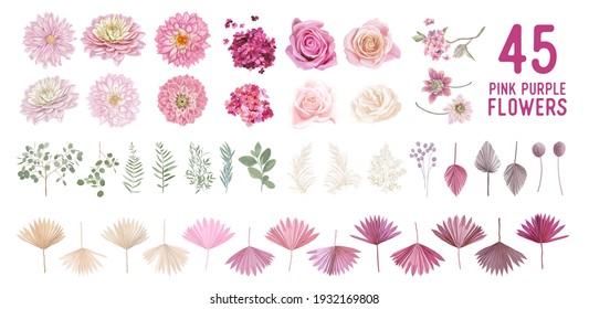 Dried pampas grass, dahlia, rose flowers, tropical palm leaves vector bouquets. Pastel watercolor floral template isolated collection for wedding wreath, bouquet frames, decoration design elements