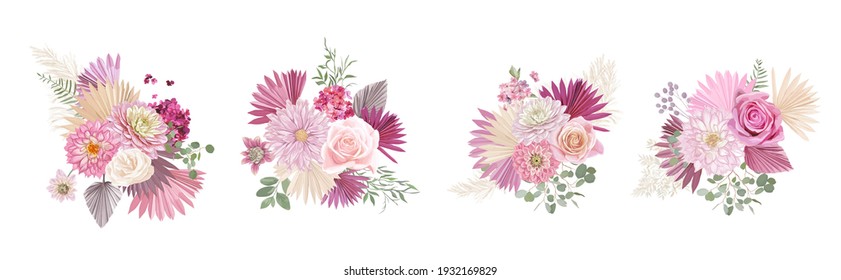 Dried pampas grass, rose, dahlia flowers, tropical palm leaves vector bouquets. Pastel watercolor floral template isolated collection for wedding wreath, bouquet frames, decoration design elements