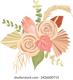 Pampas secas de hierba, rosa, protea, , ramos vectoriales de hojas de palma tropical. Colección aislada de la plantilla floral de la acuarela del pastel para la corona de la boda, marcos del ramo, decoración del diseño