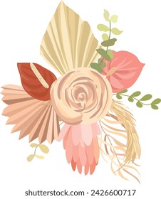 Dried pampas grass, rose, protea, , tropical palm leaves vector bouquets. Pastel watercolor floral template isolated collection for wedding wreath, bouquet frames, design decoration