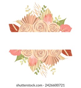 Dried pampas grass, rose, protea, , tropical palm leaves vector bouquets. Pastel watercolor floral template isolated collection for wedding wreath, bouquet frames, design decoration
