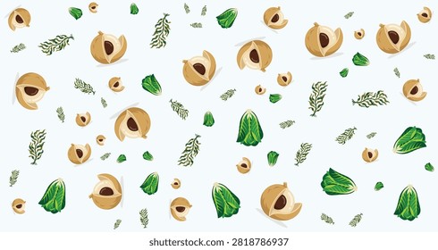 Dried pasta and fresh herbs arranged on a white surface for cooking, food preparation, culinary, and recipe concepts