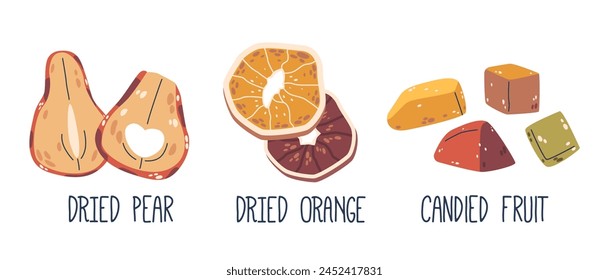 Pera Seca Y Frutas De Naranja, Aperitivos Deshidratados Que Conservan Azúcares Naturales Y Nutrientes. Trozos Y Dados De Frutas Confitadas