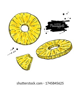 Dried pineapple chips vector drawing. Hand drawn dehydrated fruit ring and slices. Healthy vegan food snack. Sketch of granola, cereals and oat milk ingredient.