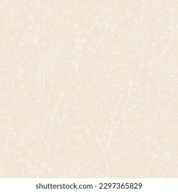 Dried plants seamless pattern. Pale and pastel tone. Vector botanical illustration. Herbal background for wallpaper. Meadow herbs, pampas grass, dried grass. Art line style. 