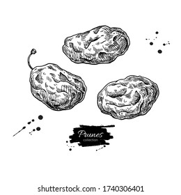 Dried plum set. Prune vector drawing. Hand drawn dehydrated fruit illustration. Healthy vegan raw food snack. Sketch of granola, cereals and oat milk ingredient.