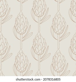 Dried proteas exotic flowers floral vector seamless pattern background. Trendy for fabric, textile print, texture, wallpaper, invitation or packaging, wrapping.