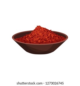 Dried saffron in brown ceramic bowl. Flavoring for dishes. Spicy condiment. Culinary theme. Flat vector design