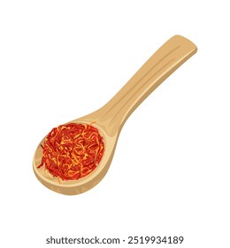 Dried saffron in wooden spoon isolated on white. Vector cartoon illustration. Spice icon.