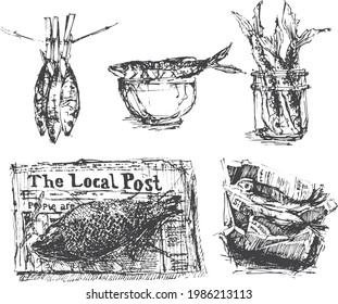 Dried salted fish illustration in vintage style