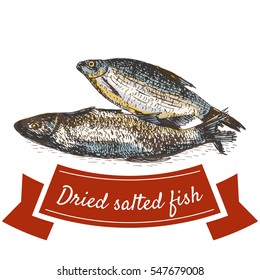 Dried salted fish product illustration. Vector colorful illustration of fish.