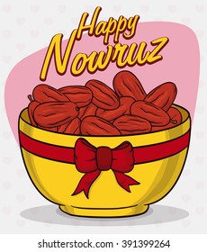 Dried senjed in a yellow bowl with a ribbon and a bow tie with a hearth shape pattern in background.