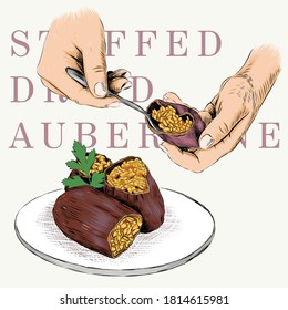 Dried stuffed aubergine and a hand in the making. Hand drawn vector illustration. Traditional turkish cuisine.