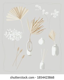 Dried Sun Fan Palms. Small Pampas Grass and White Thistle Bouquet.Bohemian cream flowers in a white vase. Dry hydrangea. Dried flower bunches, BLUSH Dry preserved