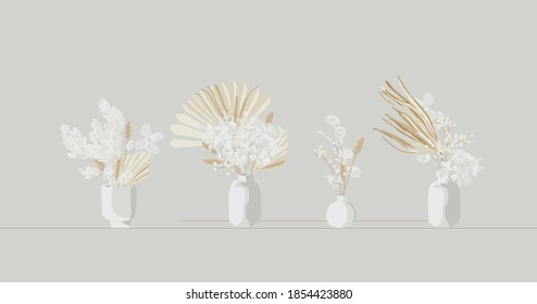 Dried Sun Fan Palms. Small Pampas Grass and White Thistle Bouquet.Bohemian cream flowers in a white vase. Dry hydrangea. Dried flower bunches, BLUSH Dry preserved