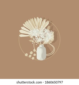 Dried Sun Fan Palms. Small Pampas Grass and White Thistle Bouquet.Bohemian cream flowers in a white vase. Dry hydrangea. Dried flower bunches, BLUSH Dry preserved. Dried lagurus