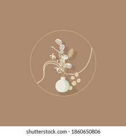 Dried Sun Fan Palms. Small Pampas Grass and White Thistle Bouquet.Bohemian cream flowers in a white vase. Dry hydrangea. Dried flower bunches, BLUSH Dry preserved. Dried lagurus