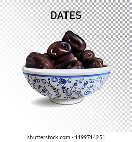 Dried sweet palm dates. Mediterranean and Arabia desserts, snac and fruits. Realistic isolated fruit of date palm on transparent background.