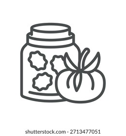 Icono de tomates secos. Ilustración de línea delgada de un frasco lleno de piezas de tomate secas junto a un tomate fresco, que simboliza verduras conservadas, cocina mediterránea e ingredientes gourmet. 