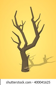 Dried tree against the yellow background. 3D lowpoly isometric vector illustration