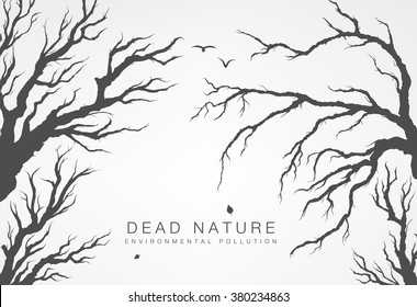 dried tree branches with birds and leaves on a light background