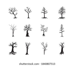 Dried trees collection vector isolated in black and white.