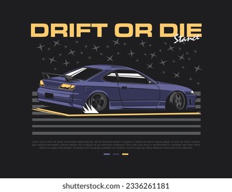 drift 90s car illustration image with attractive background and text vector design