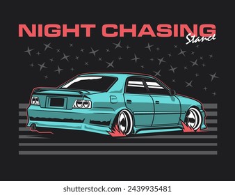 drift 90s car illustration image with stars background and text vector design vector