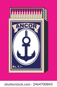 drift anchor, sheet anchor, stockless anchor, illustration in Matchbox art and matches vector. Vintage and antique matchbox packaging design illustration. retro style packaging. old style design.