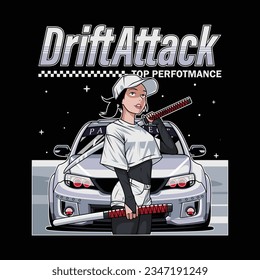 drift attack car vector illustration with samurai woman character, for printing and other uses.