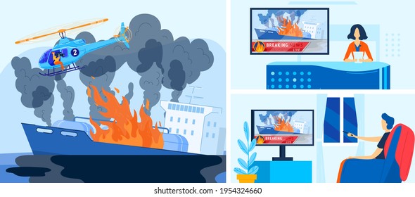 Brecha de deriva, titular de los medios, noticias de última hora sobre incendios, prensa de noticias, problemas mundiales globales, ilustración vectorial de estilo caricaturista.