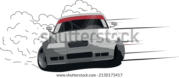 Drift car, smoke from under the\
wheels, realistic vector illustration for sticker, badge or\
poster