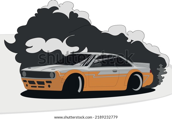 Drift car, smoke from under the
wheels, realistic vector illustration for sticker, badge or
poster