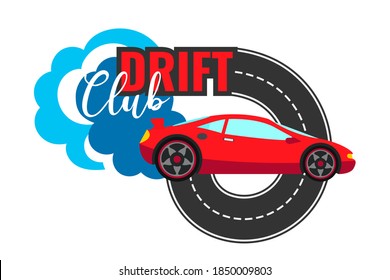 Drift club logo, sign, icon, poster, banner concept design. Red sport car turn on road. Vector illustration
